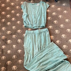Speckled Turquoise Two-Piece Matching Set - Crop Top + Wide Leg Bottoms